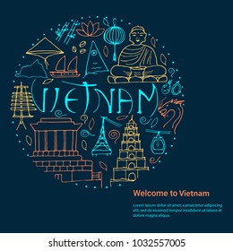 Culture of Vietnam. Hand drawn round design concept on a dark blue background. Asian symbols. Vector outline illustration. 