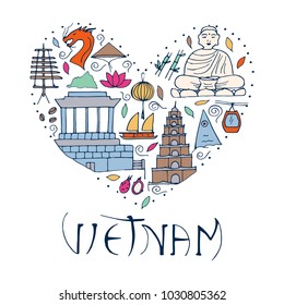 Culture of Vietnam illustration. Symbols of Asia in form of heart. 