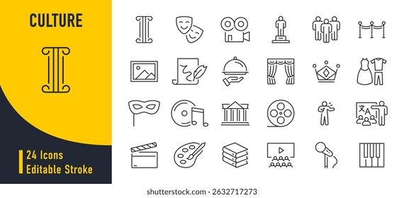 Cultura de ícones da Web em estilo de linha. Criativo, arte, museus, literatura, filme, arquitetura, teatro, coleção. Ilustração vetorial.
