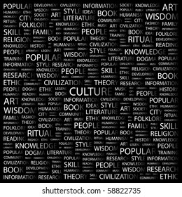 CULTURE. Word collage on black background. Illustration with different association terms.