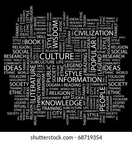 CULTURE. Word collage on black background. Illustration with different association terms.