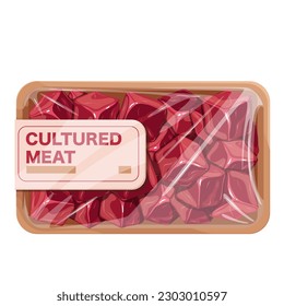 Gezüchtetes Rindfleisch in Packung mit Zellophan und Plastiktücher, Vektorgrafik. Cartoon einzeln verpackt mit dem Etikett für kultiviertes Fleischpapier und frischen roten Stücken faschiertes Fleischererzeugnis