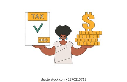 A cultured girl is holding a tax form and coins in her hands. The topic of paying taxes.