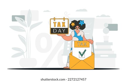 A cultured girl holds a calendal in her hand. TAX day. Graphic illustration on the theme of tax payments.