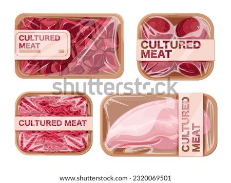 Cultured meat in packages set vector illustration. Cartoon isolated artificial meat culture growing in chemical laboratory from animal cells, collection with chicken breasts, beef pieces and steak