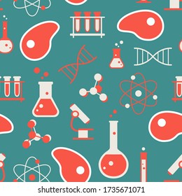 Cultured meat science seamless pattern. Repetitive vector illustration of lab grown meat science concept. Concept of cultured meal, lab grown meat, synthetic meat, science, laboratory. EPS 10.