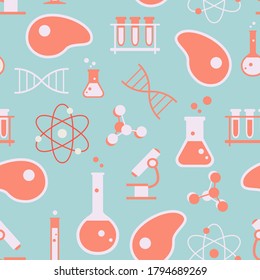 Cultured meat science seamless pattern. Repetitive vector illustration of lab grown meat science concept. Concept of cultured meal, lab grown meat, synthetic meat, science, laboratory. EPS 10.