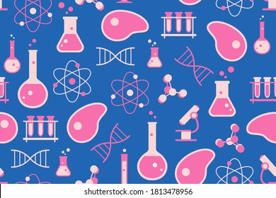 Cultured meat science seamless pattern. Repetitive vector illustration of lab grown meat science concept. Concept of cultured meal, lab grown meat, synthetic meat, science, laboratory. EPS 10.