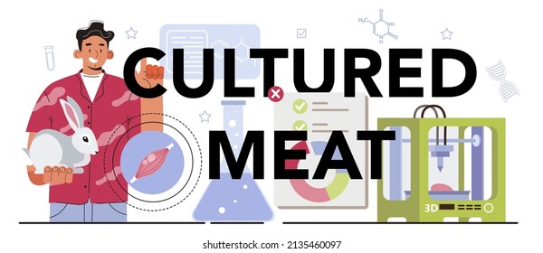 Cultured meat typographic header. Biotechnology for bio engineering. Scientist study, modify and control biological systems. Food engineering. Flat vector illustration