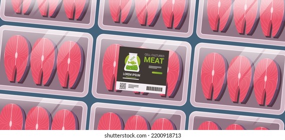 cultured raw red fish meat pack plastic tray container steak made from animal cells artificial lab grown meat production