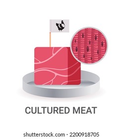 cultured raw red meat with label made from chicken animal cells artificial lab grown meat production concept