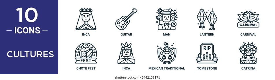 cultures outline icon set includes thin line inca, guitar, man, lantern, carnival, chote fest, inca icons for report, presentation, diagram, web design