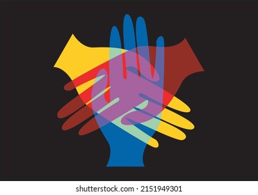 
Cultures. Overlapping hands in yellow, red and blue on a black background