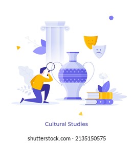 Culturologist Investigating Ancient Vase With Magnifying Glass. Concept Of Culturology, Cultural Studies, Science Of Culture, Historical Heritage. Modern Flat Vector Illustration For Banner, Poster.