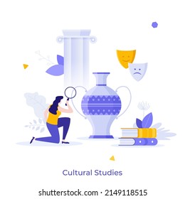 Culturologist Investigating Ancient Vase With Magnifying Glass. Concept Of Culturology, Cultural Studies, Science Of Culture, Historical Heritage. Modern Flat Vector Illustration For Banner, Poster.