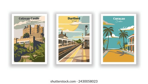 Culzean Castle, Scotland. Curaçao, Caribbean. Dartford, Kent - Set of 3 Vintage Travel Posters. Vector illustration. High Quality Prints