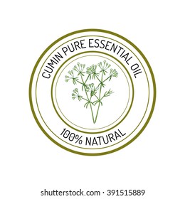 Cumin, essential oil label, aromatic plant. Vector illustration