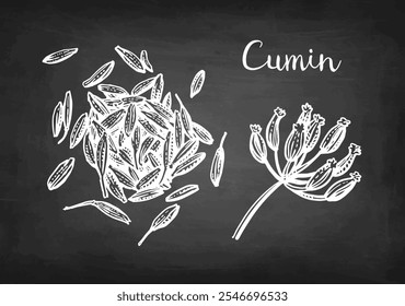 Cumin. Handful of spice and dried flower with seeds. Chalk sketch on blackboard background. Hand drawn vector illustration. Retro style.