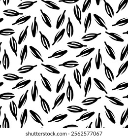 The cumin seed pattern. Big-ass. Culinary herbs and spices, hand-drawn. Seamless grass is chaotic. A black outline on a white background. Vector illustration. Seasonings, spices, food additives