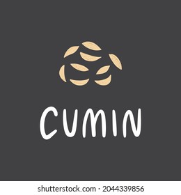 Cumin seeds with lettering. Flat hand drawn caraway or jeera spice for food isolated on dark background.