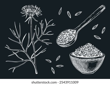 Conjunto de bocetos de comino. Dibujo de tiza de especias de cocina. Hierbas y especias indias Ilustración vectorial dibujada a mano. NO se ha generado IA