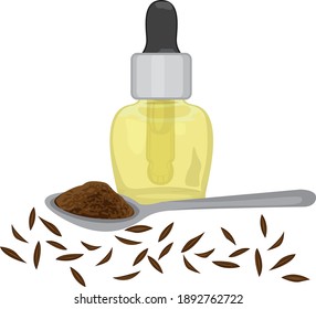 Cumin Zira seeds, powder in a spoon, and essencial oil vector illustration isolated on a white background