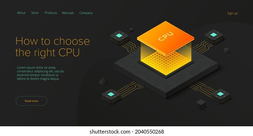 Cumputer CPU chip illustration in isometric vector design. Semiconductor microchip or processor. Abstract data component or gpu hardware circuit. Artificial intelligence or ai background.