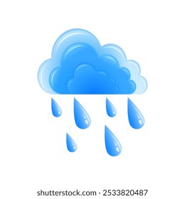 Cumulonimbus clouds or rain clouds with drops, cartoon icon for rainy weather and seasons, on white background. Vector emoji icon.