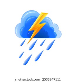 Cumulonimbus clouds or rain clouds with lightning and raindrops, cartoon icon for rainy weather and seasons, on white background. Vector emoji icon. 