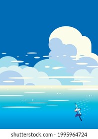 Cumulonimbus clouds in summer sky with seagulls and blue sea