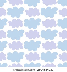 Cumulus blue and purple clouds. Seamless vector pattern. Infinitely repeating sky ornament. Isolated colorless background. Small cloud. Flat style. Idea for web design.