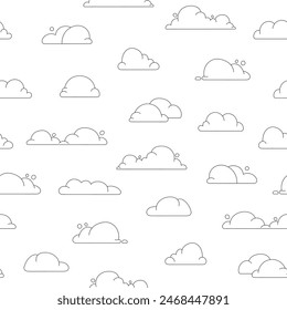 Cumulus cloud cartoon. Seamless pattern. Coloring Page. Sky air symbol. Vector drawing. Design ornaments.