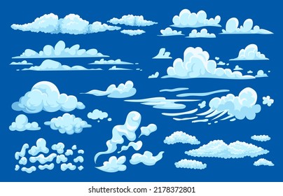 Cumulus Clouds. Cartoon Game UI 2D Asset, Summer Cloudy Sky Background, Sprite Set Of Vapor Fog Mist And Smoke. Vector Cirrus And Clouds Isolated Set. Illustration Of Cumulus Clouds Weather