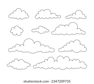 Cumulus clouds drawing cartoon. Coloring Page. Collection image cloud sky symbol. Vector drawing. Set of design elements.