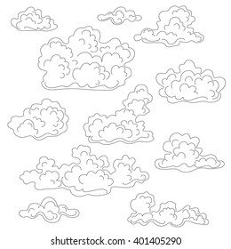 Cumulus clouds outline set. Black and white elements for coloring.