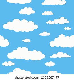 Cumulus clouds seamless pattern. Meteorological repeated elements. Endless blue sky. Simple cloudscape. Rainy weather forecast. Atmospheric evaporation. Cloudy heaven