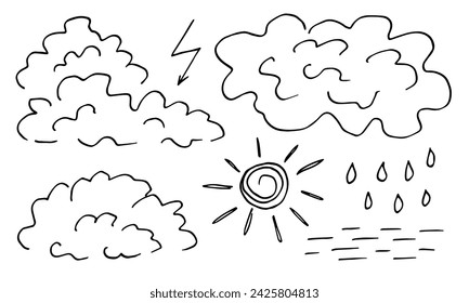 Cumulus clouds, sun, raindrops, lightning, thunderstorm, climate and weather. Sky atmosphere and air. Simple vector set of black outline, ink sketch.