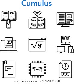 conjunto de iconos cumulus. chip incluido, e-book, aprender, matemáticas, doc, libro, enter, iconos escolares. estilos lineales.