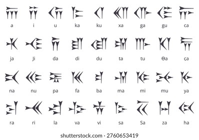 Cuneiform letters. Ancient writing system, calligraphy of persian or sumerian nationalities. Alphabet on stone, clay wall. Archeological elements, nowaday vector symbols