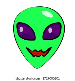 A cunning alien with large purple eyes, an evil grin, a cosmic man, a Martian face, an intergalactic UFO.  Color sticker, illustration for books, comics. Vector image on white background, isolated.