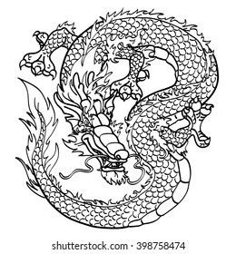Cunning  Asian dragon black contour on white