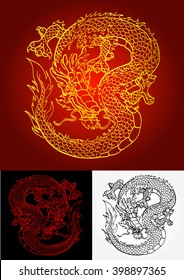 Cunning Asian dragon gold, red and black contour line