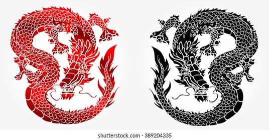 Cunning Asian dragon on white background black and red version