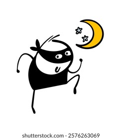 Cunning bandit in  black mask sneaks out on a dark night, commits a crime. Vector illustration of criminals moon with stars in the sky. Isolated funny character on white background.