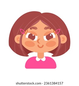 Cunning brunette girl with a square smile. In cartoon style. Human emotions. Psychological health, Welness