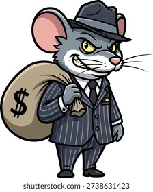 A cunning cartoon mouse character, dressed in a sharp pinstripe suit and fedora, grins slyly while carrying a large sack filled with money over its shoulder, depicting a playful yet devious persona.