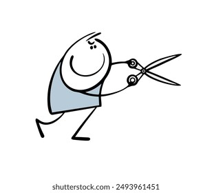 Cunning cartoon stickman gleefully cuts with big scissors. Vector illustration of man doing dirty trick, spoiling thing or ribbon. Cartoon hairdresser works in  beauty salon.