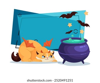 Cunning cat character in devils horns and wings near cauldron with potion vector illustration. Flying bats on background. Halloween, pet, party, magic concept. Can be used for banner or poster design