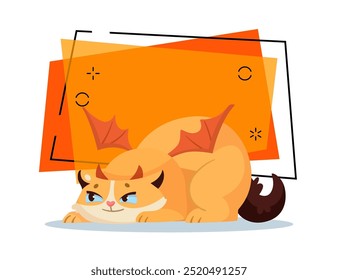 Cunning cat character in devils horns and wings vector illustration abstract on background. Halloween, pet, party, carnival concept. Can be used for banner, poster or invitation design