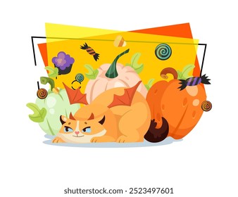 Cunning cat in devils horns and wings vector illustration with pumpkins and sweets on abstract background. Halloween, pet, party, carnival concept. Can be used for banner, poster or invitation design